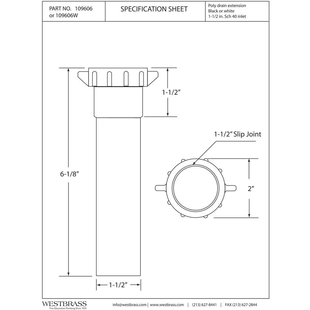 Black Polypropylene Tubular Bath Waste Extension Tube, 1-1/2" x 6"