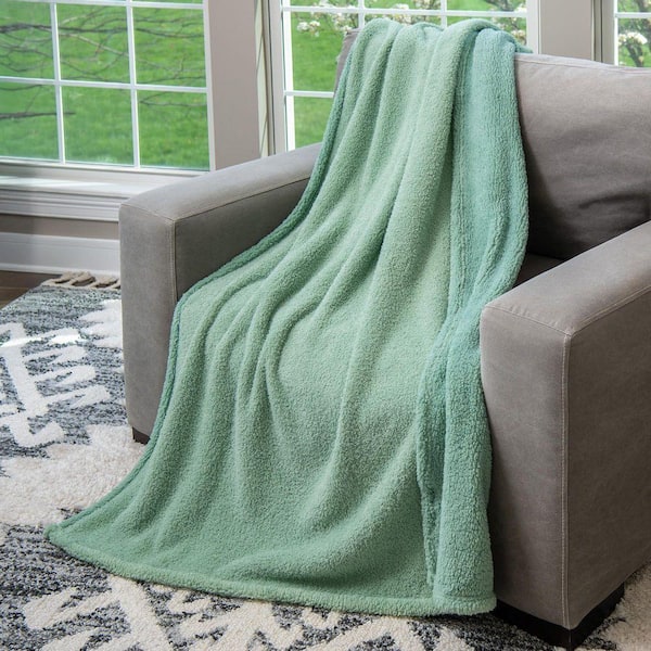 HGTV Teddy Sherpa Fur Quietude-Sage Green Throw Blanket