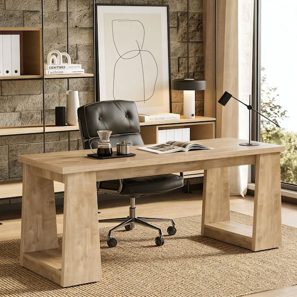 BYBLIGHT 86.6 in. Rectangle Oak Color Wood 2 Person Computer Desk