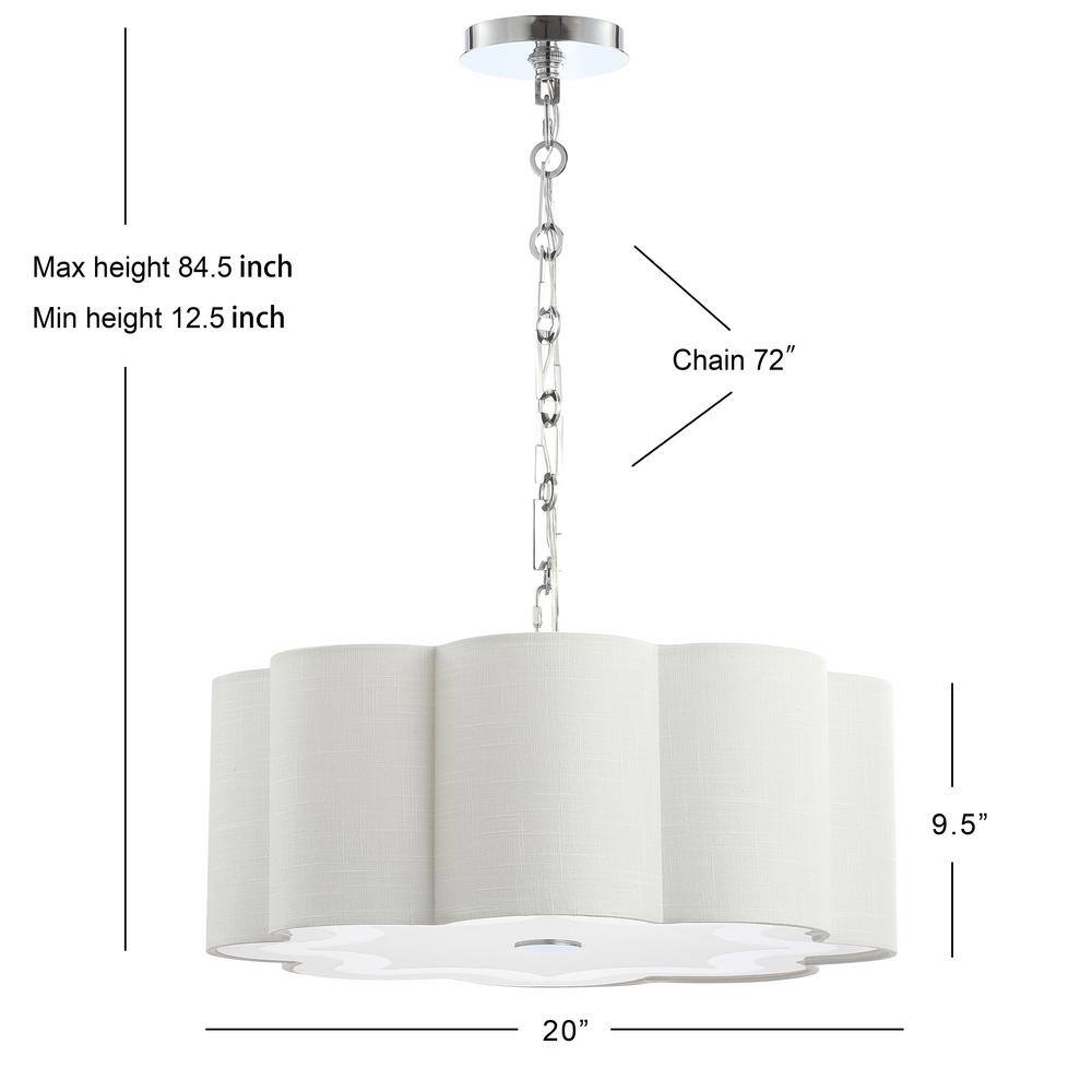 Polished Chrome 20" Drum Pendant with Scalloped Linen Shade and LED Bulbs