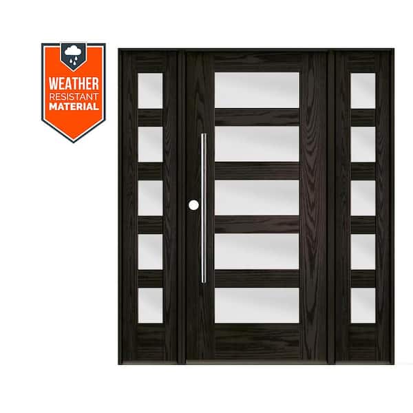 Faux Pivot 64 in. x 79 in. Right-Hand/Inswing 5-Lite Frosted Glass Baby Grand Stain Fiberglass Prehung Front Door/DSL