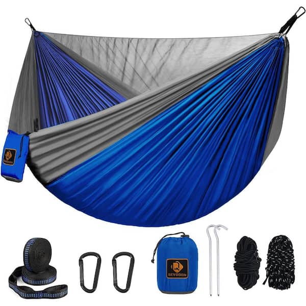 Unbranded 9.5 ft. Camping Portable Lightweight Nylon Parachute Hammocks with Mosquito Net and 10 ft. Tree Straps in Blue/Grey