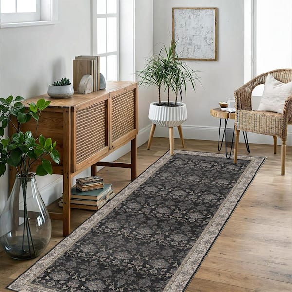 Shimmer Black 2 ft. x 8 ft. Washable Distressed Vintage Floral Runner Rug