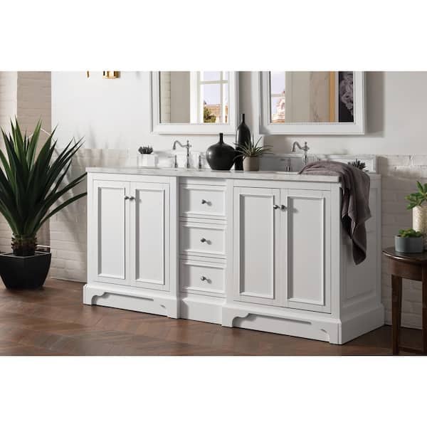 De Soto 73.3 in. W x 23.5 in. D x 36.3 in. H Double Bathroom Vanity in Bright White with Victorian Silver Quartz Top