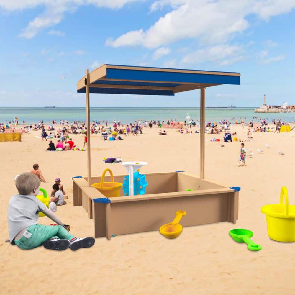 3.7 ft. W x 3.7 ft. L Wooden Sandbox with Adjustable Canopy, Sandpit with C