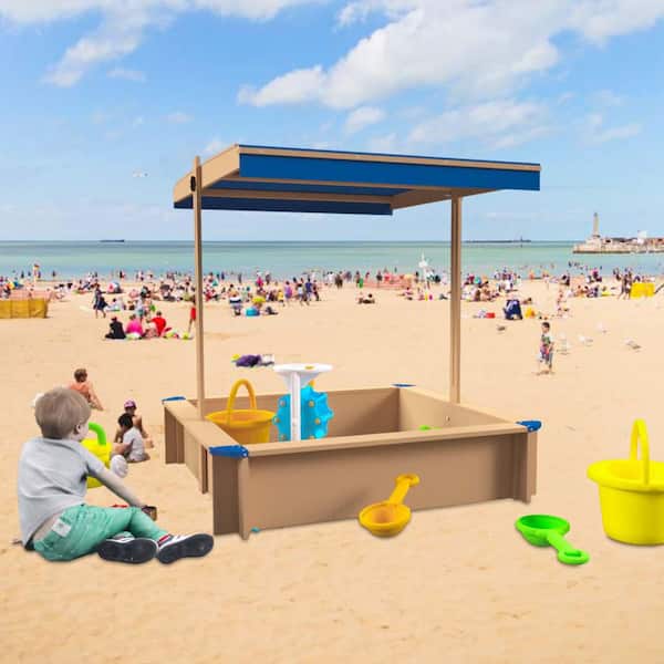 3.7 ft. W x 3.7 ft. L Wooden Sandbox with Adjustable Canopy, Sandpit with Covers Kids Wood Playset