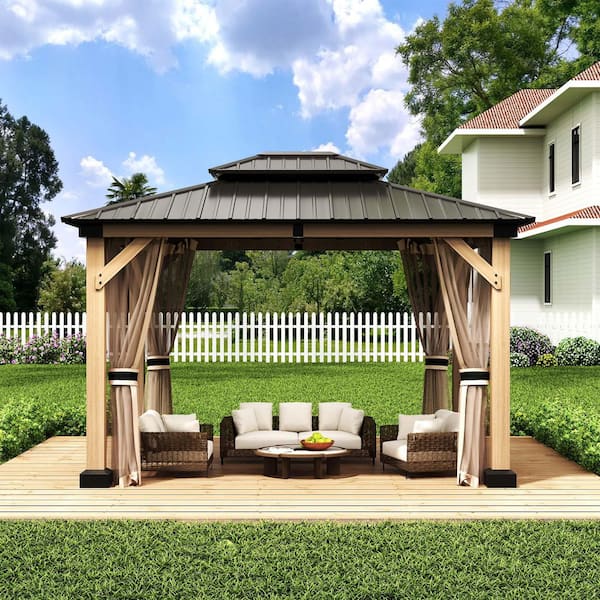 10 ft. x 12 ft. Cedar Solid Wood Frame, Galvanized Steel Double Top Gazebo With Mosquito Net