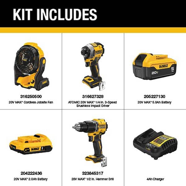 ATOMIC 20V Lithium-Ion Cordless 2-Tool Combo Kit and 20V MAX Jobsite Fan with 5.0 Ah and 2.0 Ah Batteries and Charger