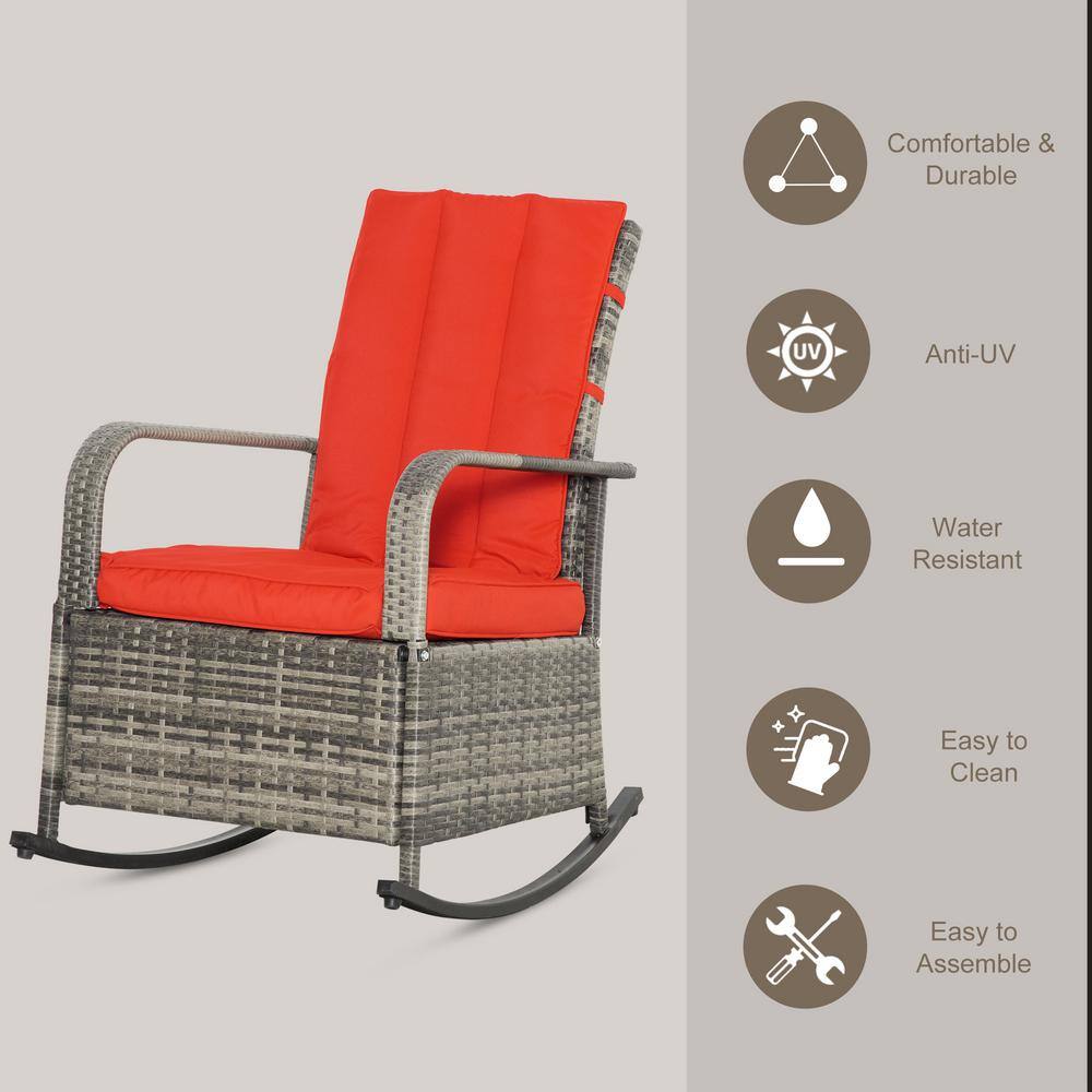 Luxury Mixed Brown and Red PE Rattan Outdoor Rocking Recliner Chair