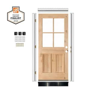 DIY RTA Kit 32in.x80in. Left-Handed 4-Lite Clear Glass Window Unfinished Knotty Alder Wood Ready To Assemble Front Door