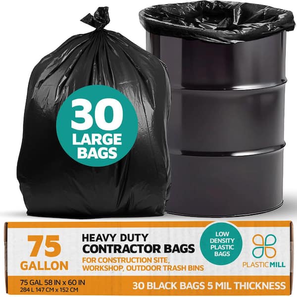 PlasticMill 58 in. W x 60 in. H. 75 Gal. 5 mil Black Contractor Bags (30-Count)