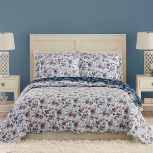 Rose Toile Scalloped 3-Piece Gray Full/Queen Quilt Set