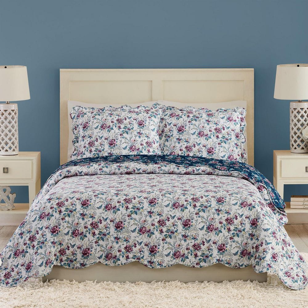 Rose Toile Scalloped 3-Piece Gray King Quilt Set -  Vera Bradley, A129A22WHNFS