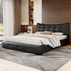 Button-Tufted Black Wood Frame Queen Size PU Upholstered Platform Bed with Ergonomic Wingback Headboard