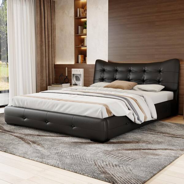 Harper & Bright Designs Button-Tufted Black Wood Frame Queen Size PU Upholstered Platform Bed with Ergonomic Wingback Headboard