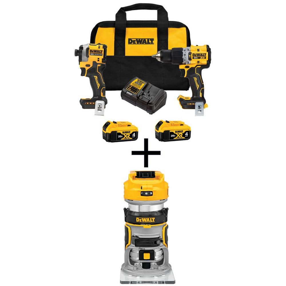 DEWALT 20-Volt MAX XR Hammer Drill and Atomic Impact Driver 2-Tool Cordless Combo Kit and Compact Router with two 4Ah Batteries