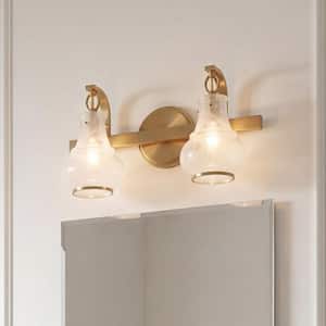 Adams 15.50 in. 2-Light Warm Brass Vanity Light with White Strie Glass Shades