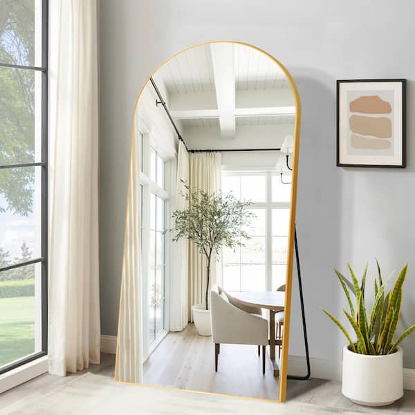GOGEXX 32 in. W x 71 in. H Large Metal Gold Standing Mirror Arched Full Length Mirror Framed Wall Mounted Dressing Mirror