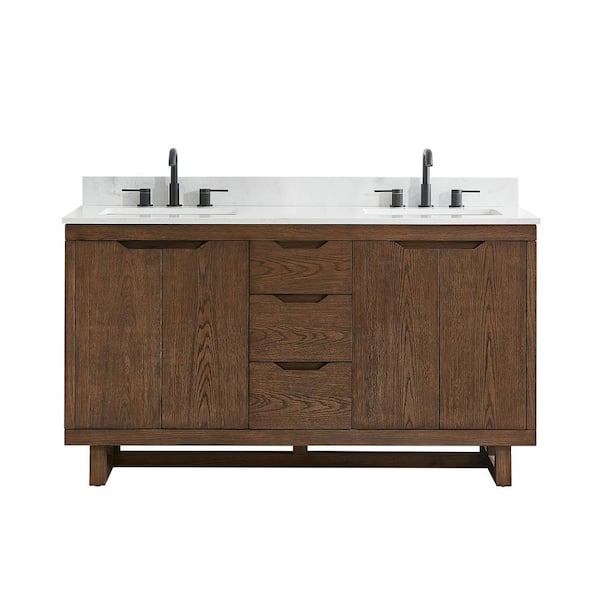 Mowry 60 in. Double Freestanding Brown Brushed Oak Bath Vanity with Grain White Engineered Stone Top Assembled