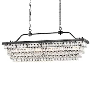 Chiara 6-Light Antique Black Rectangular Glam Chandelier with Hanging Crystal, Linear Dining Room Pendant, Island Light