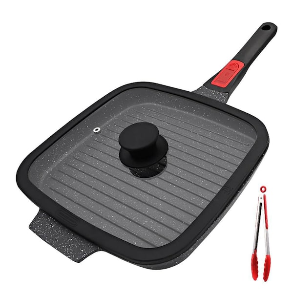 10 in. Aluminium Non Stick Grill Pan with Detachable Handle, Nonstick and Easy Cleaning, Induction Stovetop Compatible