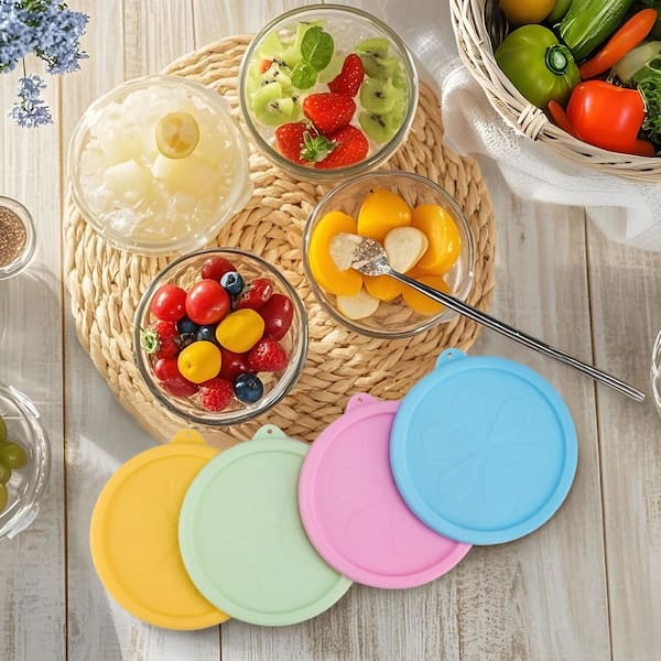 4 Piece Silicone Leak-Proof Airtight Replacement Lid Set for 4 Cup Round Storage Bowls, Microwave Dishwasher Safe
