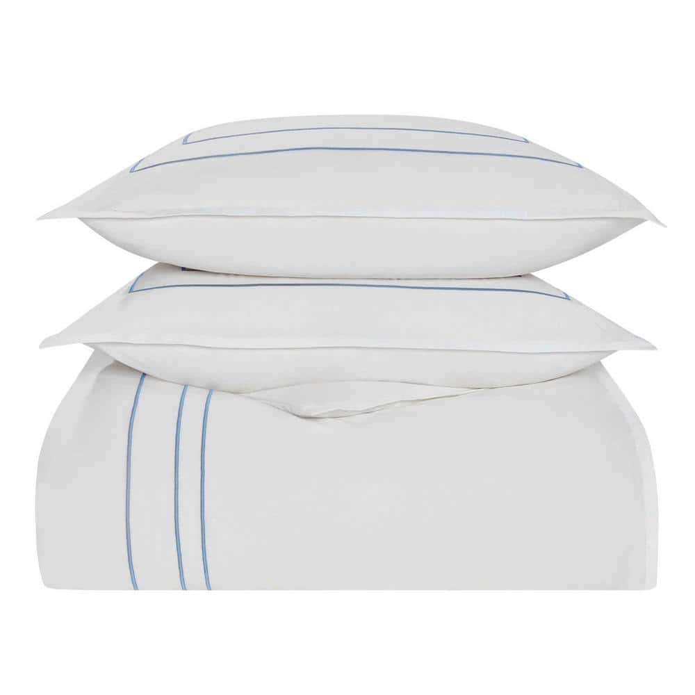 White Cotton Queen Duvet Cover Set with Blue Embroidery