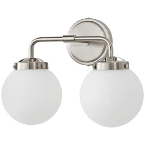 14.17 in. 2-Light Nickel Bathroom Vanity Light with Opal Glass Shades, Bulb Not Included