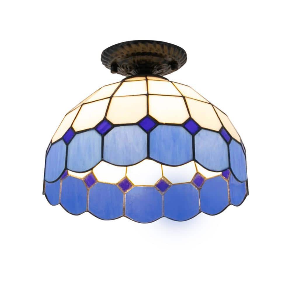 OUKANING 11.81 in. 1-Light White and Blue Retro Semi-Flush Mount