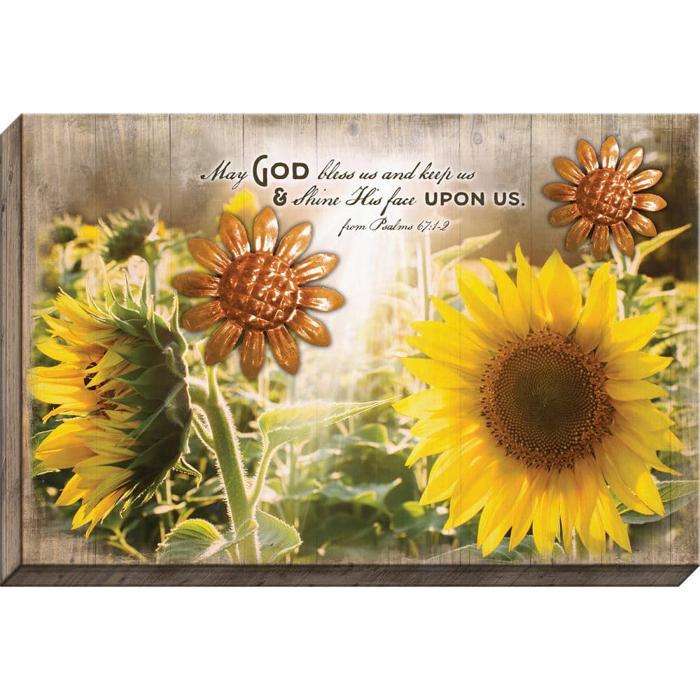 Embellished Canvas May God Bless W/ Metal Sunflowers By Carpentree Can