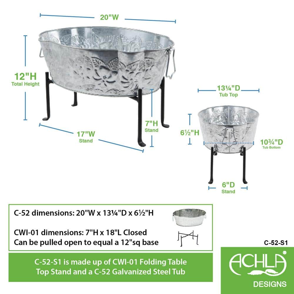 20" Galvanized Steel Embossed Oval Tub with Folding Stand