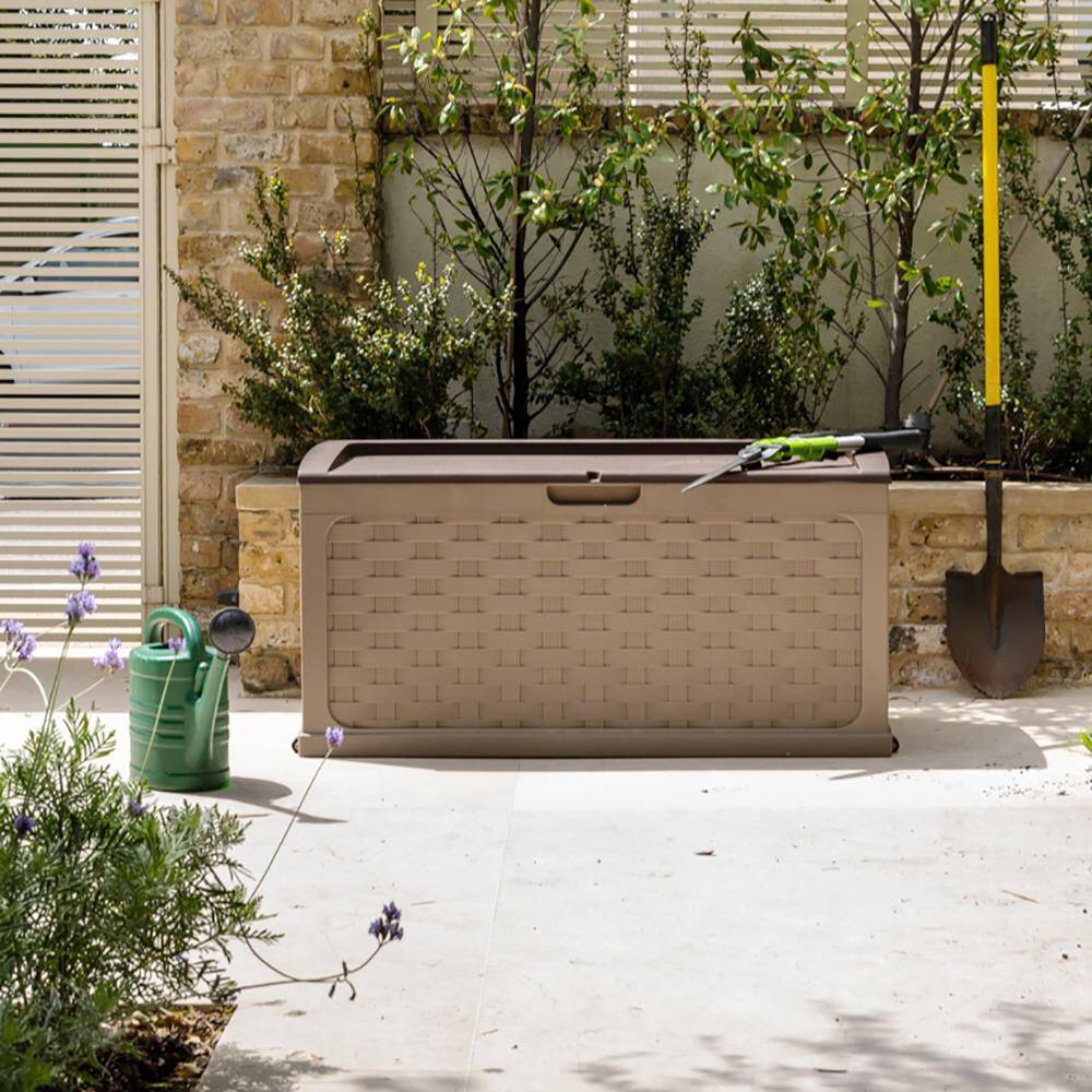 Mocha Lockable Plastic Wicker Deck Box with Wheels