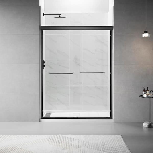 60 in. W x 75 in. H Sliding Framed Shower Door in Black Finish with Clear Glass