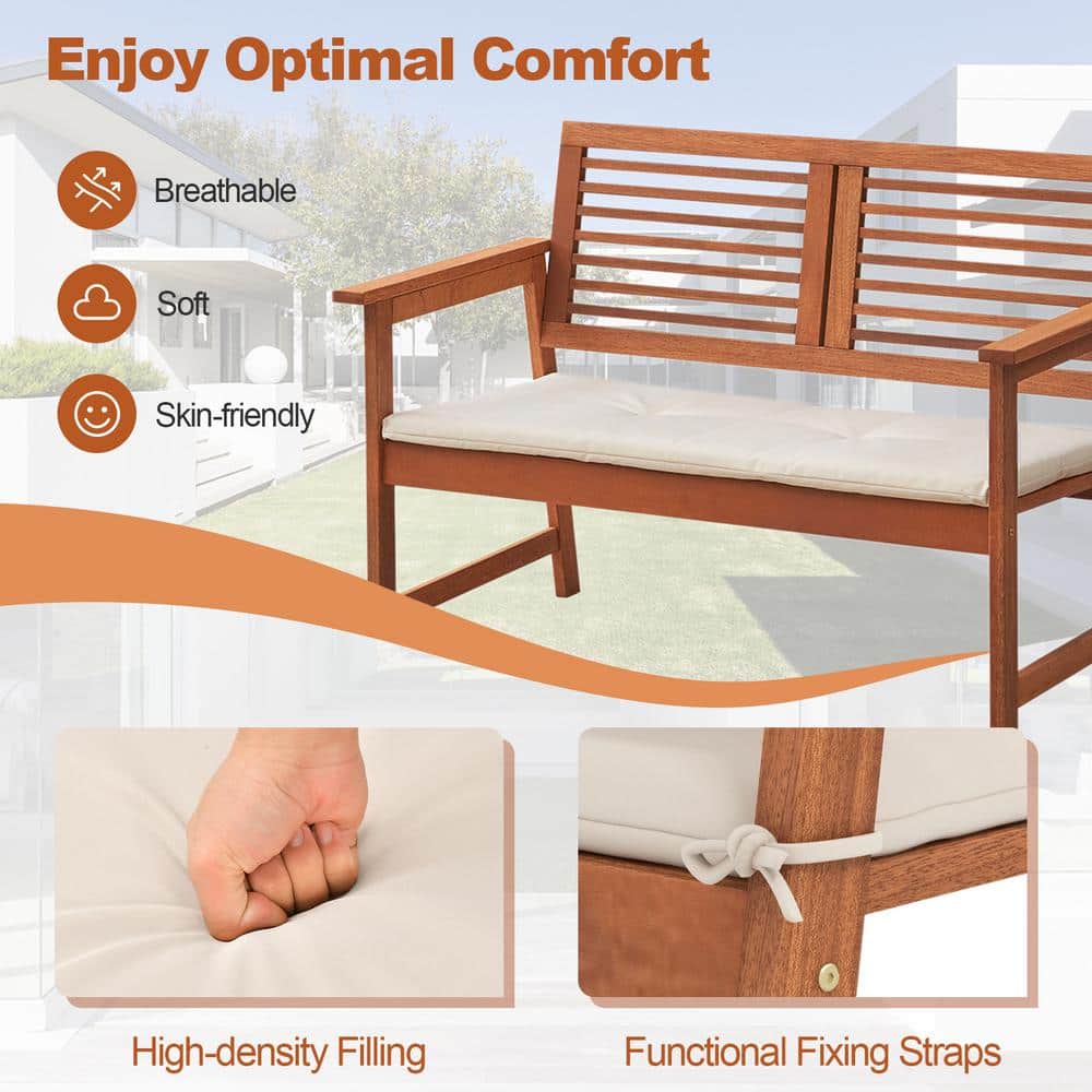 Natural Brown Solid Wood Outdoor Bench with Off-White Cushion