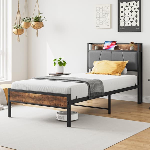 Black Metal Frame Twin Size Platform Bed with Brown, Gray Storage Headboard and Charging Station, No Box Spring Needed