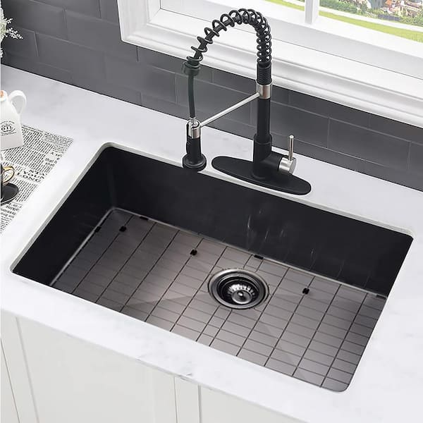 30 in. Undermount Single Bowl 18 Gauge Gunmetal Black Stainless Steel Kitchen Sink with Bottom Grids