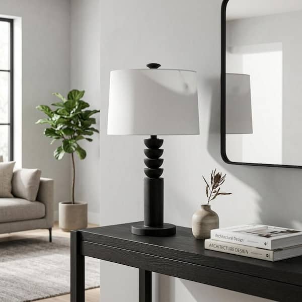 27 in. Black Resin Metal Carved Totem Table Lamp with White Linen Shade