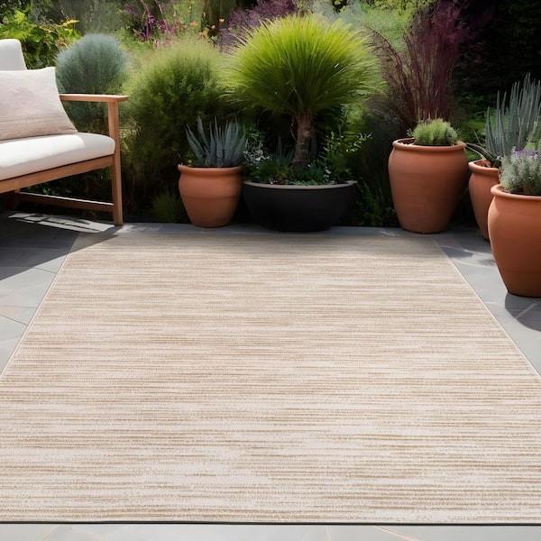 Linea Beige 8 ft. x 10 ft. Rubber Back Washable Modern Striped Indoor Outdoor Patio Area Rug