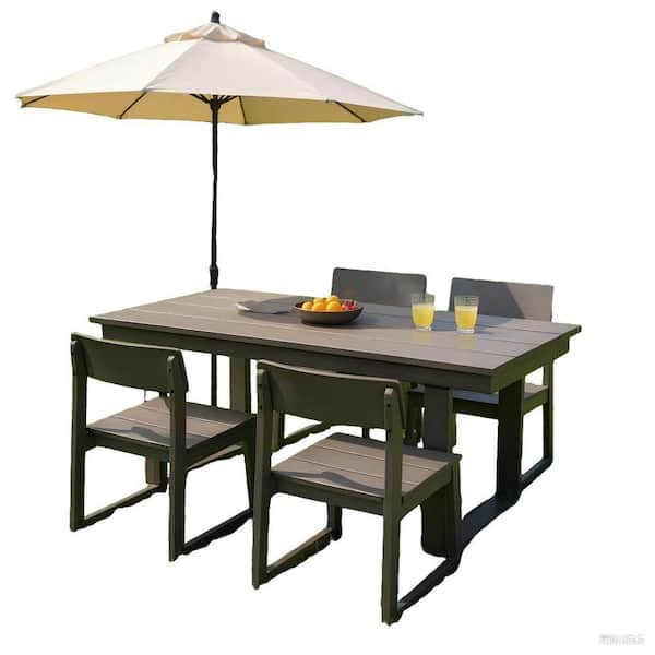 5-Piece HDPE Outdoor Dining Conversation Sectional Sofa Set, 69 in. L Rectangular Table with Umbrella Hole, Grey