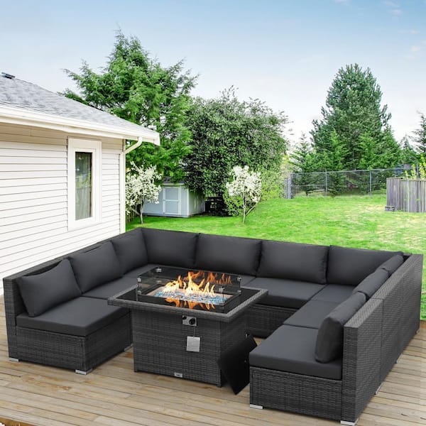 Unbranded 9 Pieces Gray Wicker Outdoor Sectionals Patio Furniture Set Conversation Set with Fire Pit Table and Dark Gray Cushions