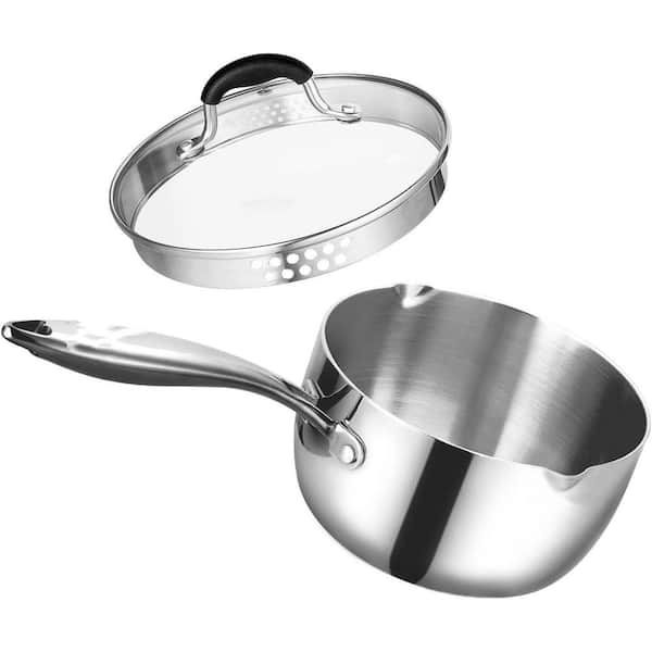 2.5 qt. Tri-Ply Stainless Steel Sauce Pan with Pour Spout and Strainer Glass Lid, Stay-Cool Handle, 1 Piece