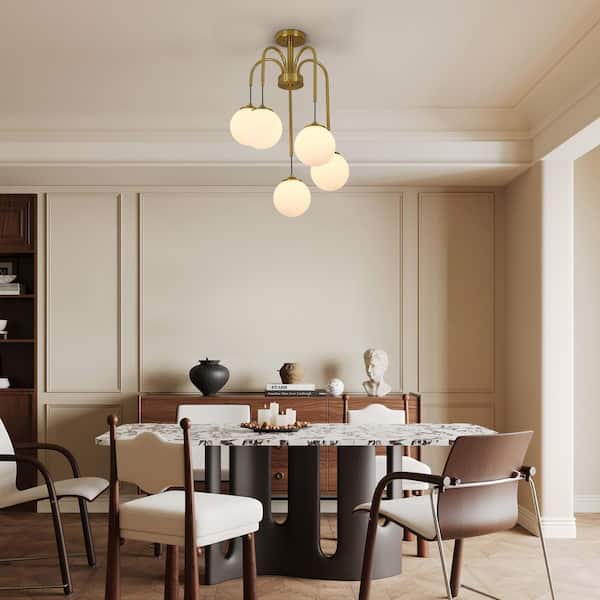Modern 17.76 in. 5-Light Gold Semi-Flush Mount with Globe Glass Shade