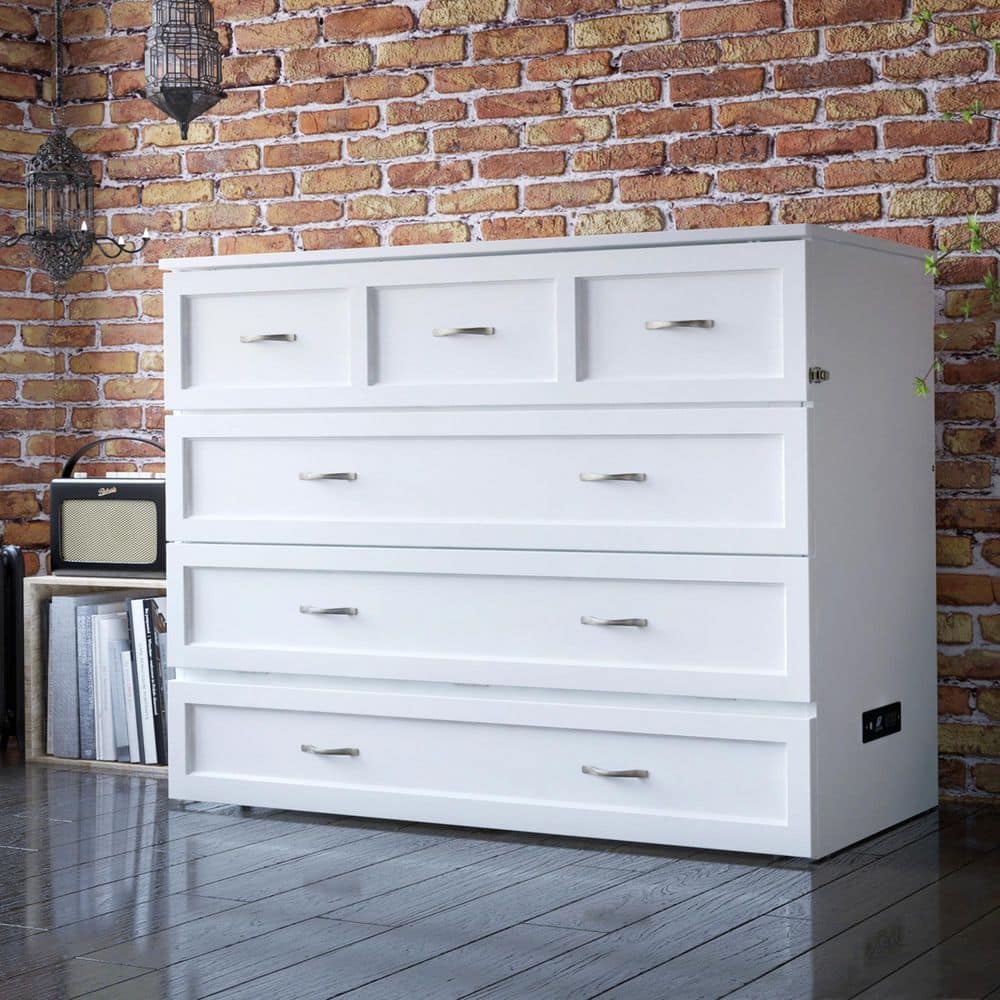 White Wood Frame Full Murphy Bed Chest with Storage Drawer