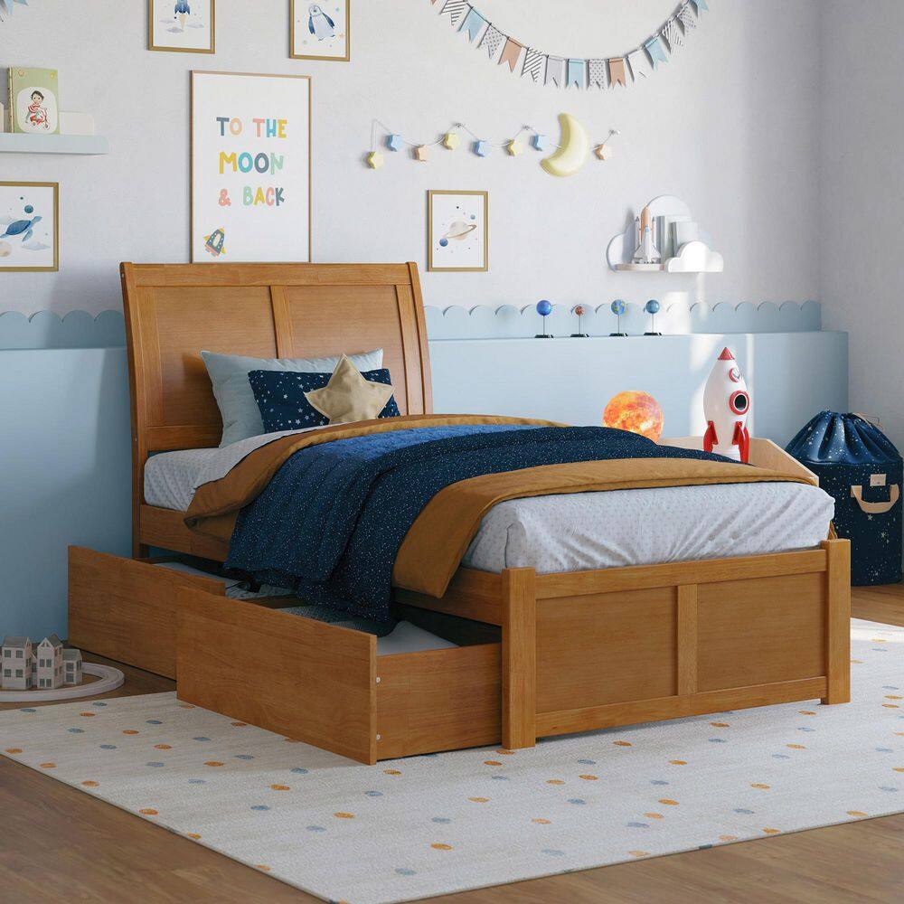 Portland Light Toffee Natural Bronze Solid Wood Frame Twin Platform Bed with Footboard and Storage Drawers price history on PriceWatchPro
