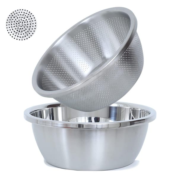 Stainless Steel Microporous Colander 3.5 qt. Large Capacity with Mixing Bowl for Washing Vegetables Fruit and Rice