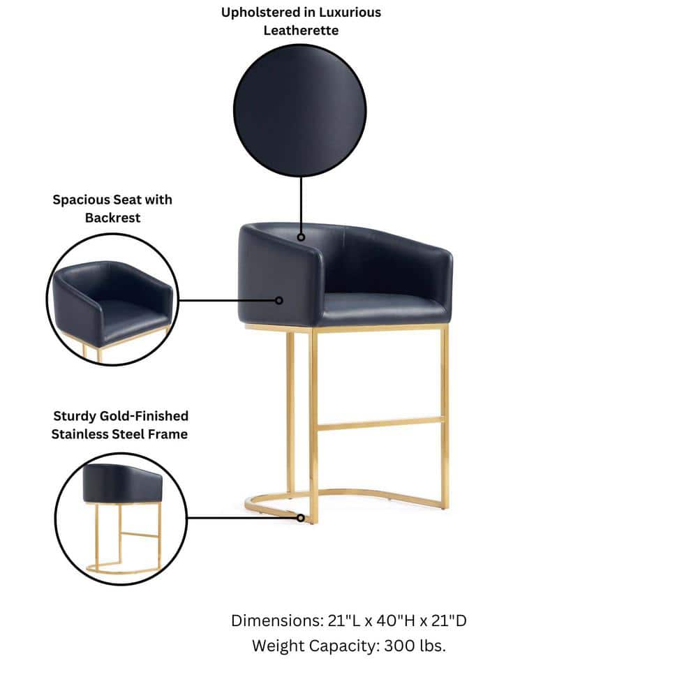 Set of 3 Black Leather and Gold Metal Barstools