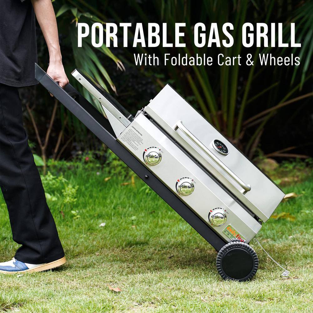 Stainless Steel 3-Burner Portable Propane Gas Grill with Cart