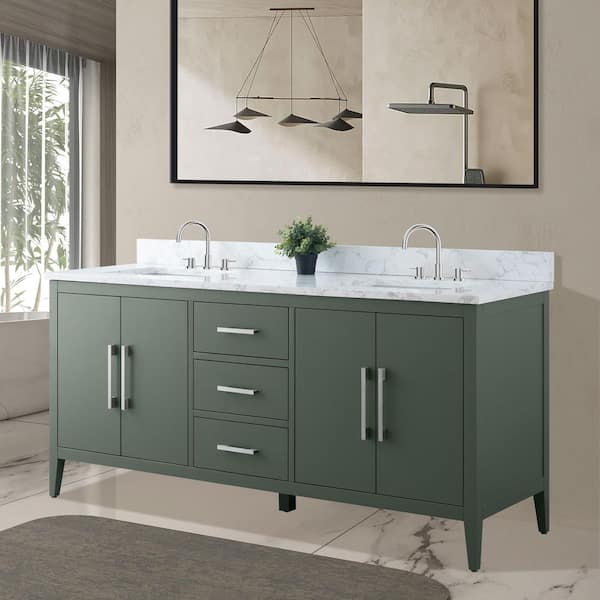 72 in. W x 22 in. D x 34 in. H Double Sink Bathroom Vanity Cabinet in Vintage Green with Engineered Marble Top