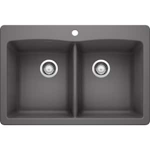 Diamond Dual-Mount Granite Composite 33 in. 1-Hole 50/50 Double Bowl Kitchen Sink in Cinder