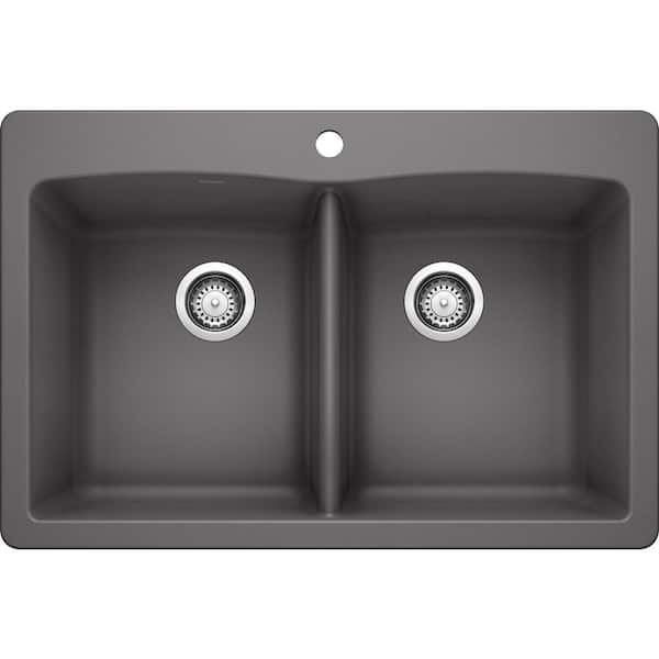 Blanco Diamond Dual-Mount Granite Composite 33 in. 1-Hole 50/50 Double Bowl Kitchen Sink in Cinder